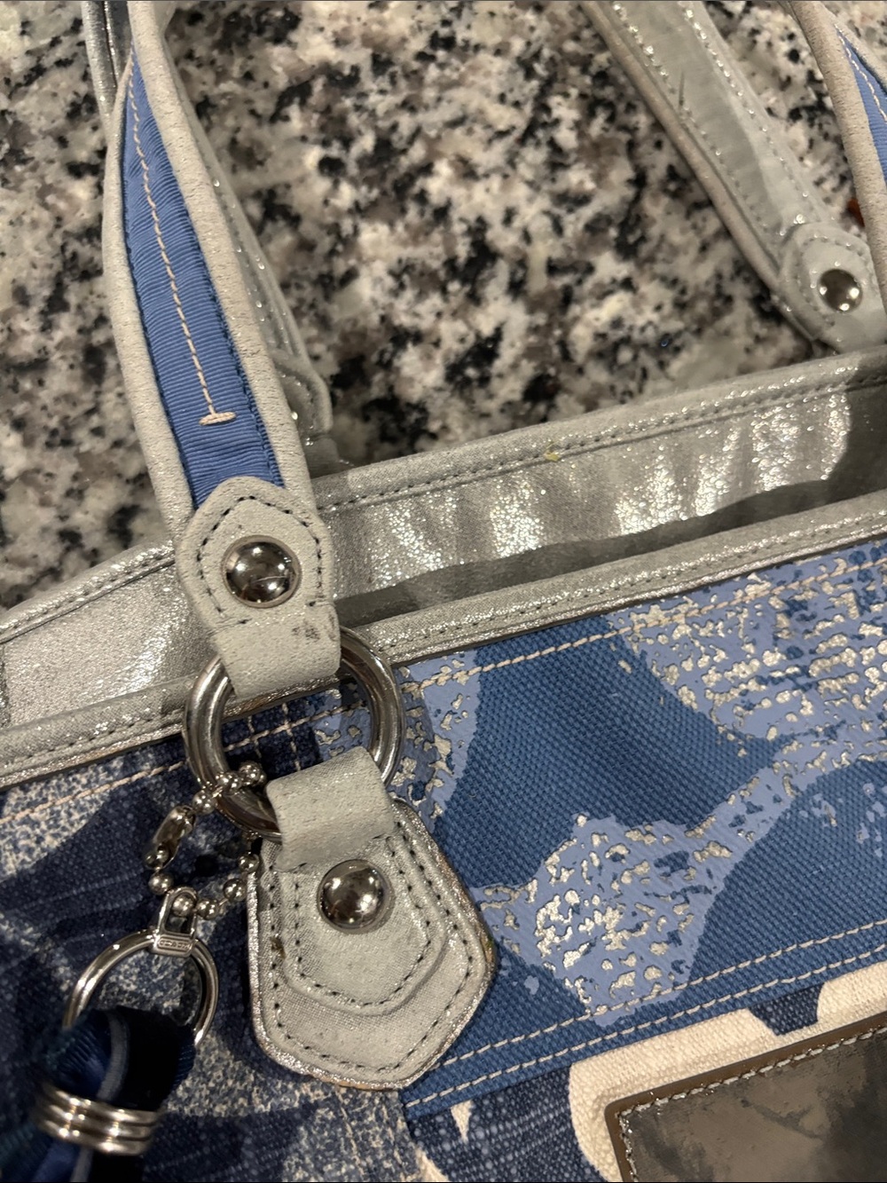 Coach Patchwork Signature Tote in Blue and Cream with Silver Trim - Picture 8 of 12